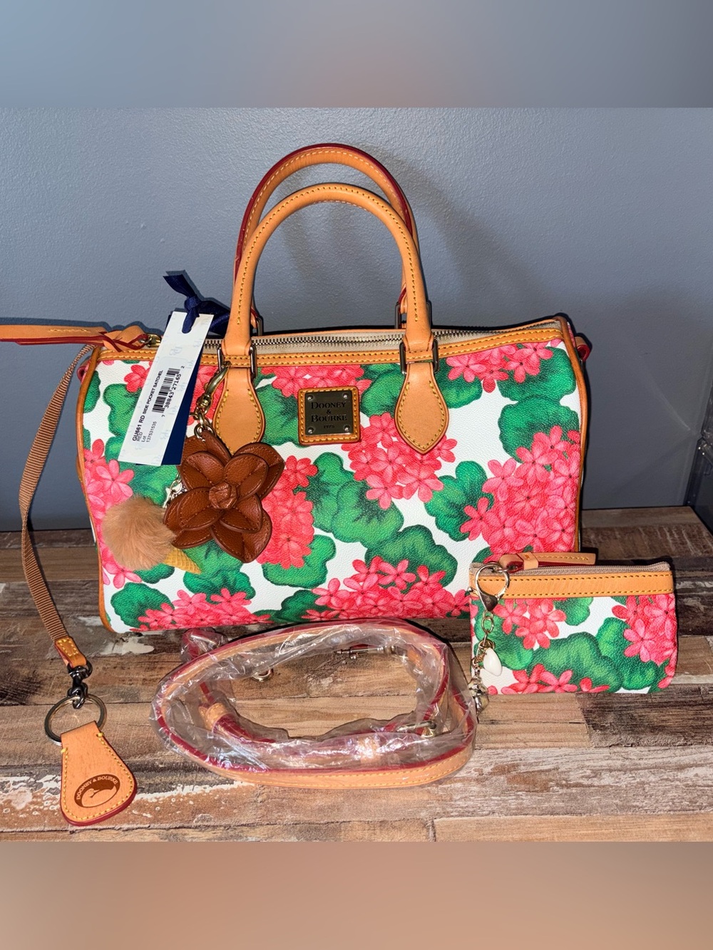 Dooney & Bourke Pink Floral Satchel with Green Leaves and Tan Trim